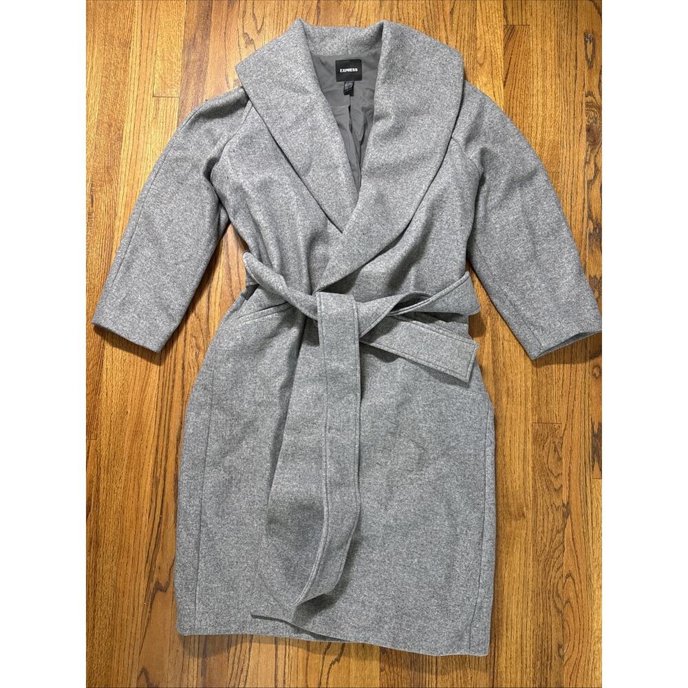 EXPRESS Coat Womens XL Gray Long Wrap Belted Wool Blend Trench Maxi No Buttom
